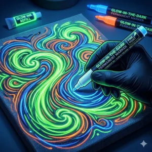 Vibrant neon swirl art on canvas created using a multi-color glow in the dark permanent marker set.