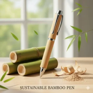 Eco-friendly bamboo wooden pen displayed alongside raw sustainable timber materials.