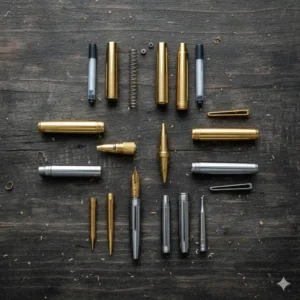 Exploded view of gold and chrome hardware components for assembling turned pens.