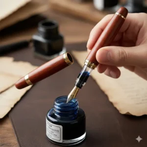 A wooden fountain pen being refilled with bottled blue ink using a converter mechanism.