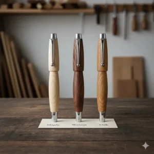 A comparison display of various species used to create our custom wood pens.