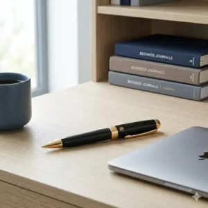A fancy ballpoint pen placed on a modern office desk next to a laptop.