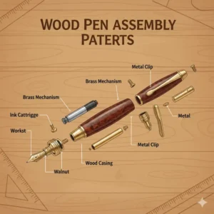 An exploded diagram showing the mechanical brass components and wood casing of handcrafted wood pens.