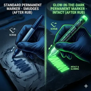 A smudge test showing the long-lasting and waterproof ink of a glow in the dark permanent marker.