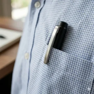 A stylish metal clip of cool rollerball pens fastened securely to a shirt pocket.