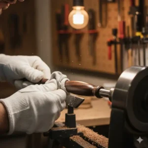 Applying a high-gloss friction polish to a dark walnut turned pens finish.
