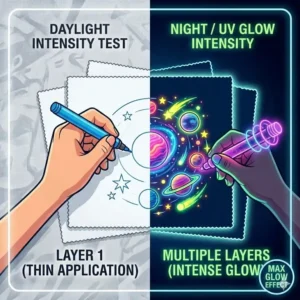 An infographic showing that designs made with glow in dark fabric markers remain vibrant after being machine washed.