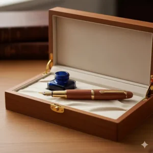 A luxury wooden fountain pen presented in a matching cedar wood gift box with an ink well.