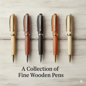 An artisan carefully shaping a custom wooden pen barrel on a woodturning lathe.