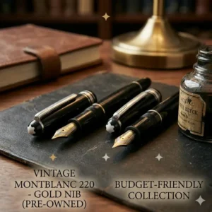 A collection of vintage and inexpensive mont blanc pens featuring classic gold nibs.