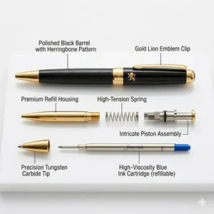 Technical diagram showing the internal refillable parts of a fancy ballpoint pen.