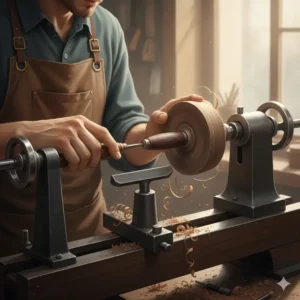 A craftsman using precision tools to create an artisanal wooden pen for customers.
