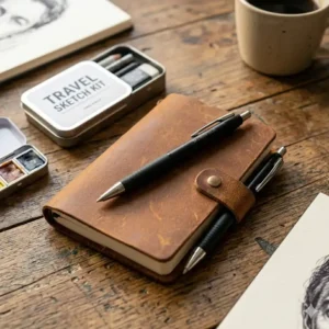 Illustration 6: A portable travel art set featuring the best ballpoint pen for sketching.