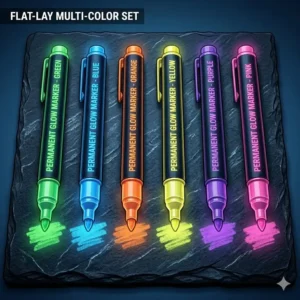 A flat-lay view of various ink colors available in a glow in the dark permanent marker collection.