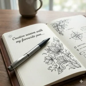 An open bullet journal featuring artistic sketches drawn with cool rollerball pens.