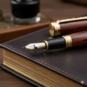 Detailed view of the nib and grain pattern on a luxury fountain-style turned pens.