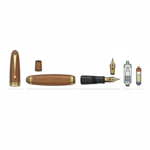 An exploded view showing the cap, barrel, feed, and nib of a custom wooden fountain pen.