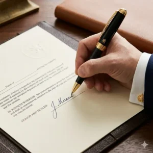 Close-up of a hand using a fancy ballpoint pen to sign a formal document.