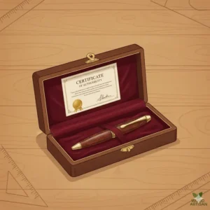 A high-end handcrafted wood pens set presented in a luxury velvet-lined gift box with a certificate.