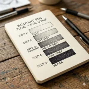 Illustration 7: A 5-step tonal value scale drawn with the best ballpoint pen for sketching.