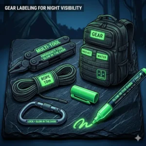 Outdoor camping gear and a backpack labeled with a glow in the dark permanent marker for night use.