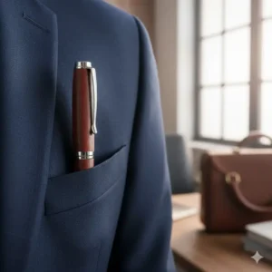 A sophisticated wooden pen clipped to a professional suit pocket as a stylish office accessory.