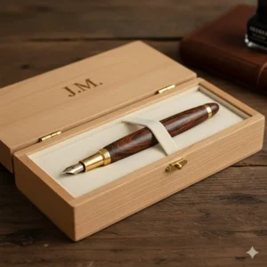 A personalized turned pens resting in a handcrafted wooden gift box.