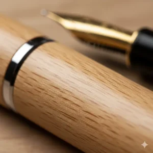 Macro shot showing the natural wood grain texture of a maple wooden fountain pen body.