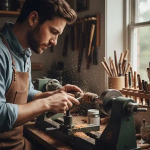 A skilled artisan at work turning high-quality custom wood pens on a lathe.