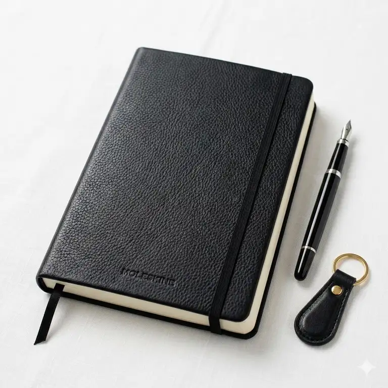 A premium black moleskine leather cover on a classic notebook shown in a professional flat lay setting.