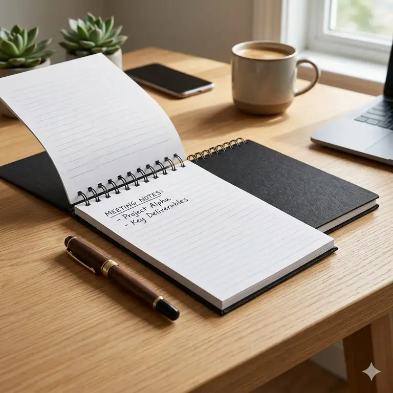 A premium top bound notebook with a black cover lying open on a clean wooden desk next to a fountain pen.
