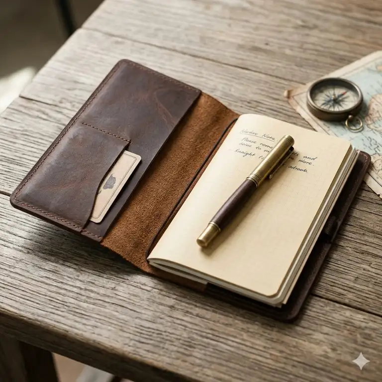 A premium handcrafted leather travelers notebook cover lying open on a wooden desk with a vintage pen.