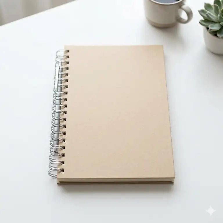 A premium notebook a5 spiral with a clean kraft cover on a white desk.