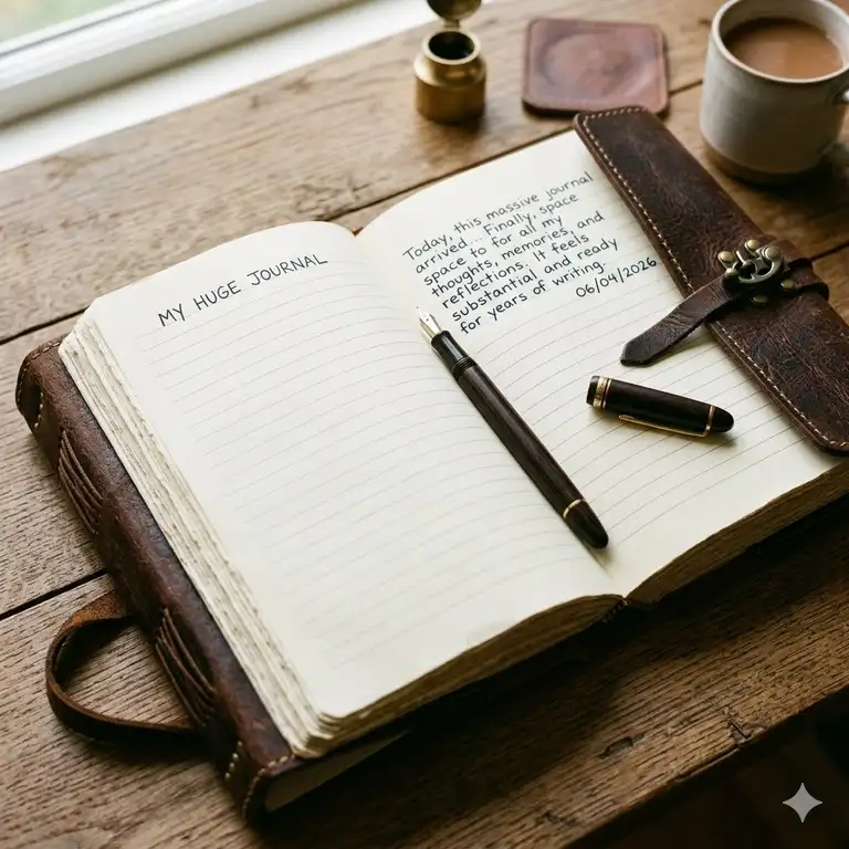 A large, thick leather-bound huge journal laying open on a wooden desk with a fountain pen.