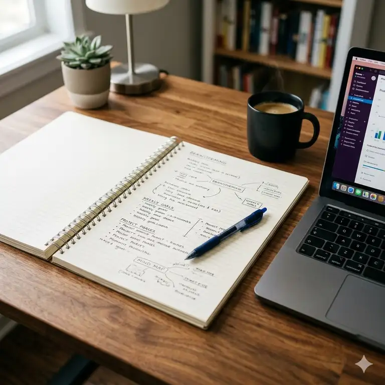 A huge spiral notebook with a thick silver coil lying open on a clean wooden desk next to a laptop.