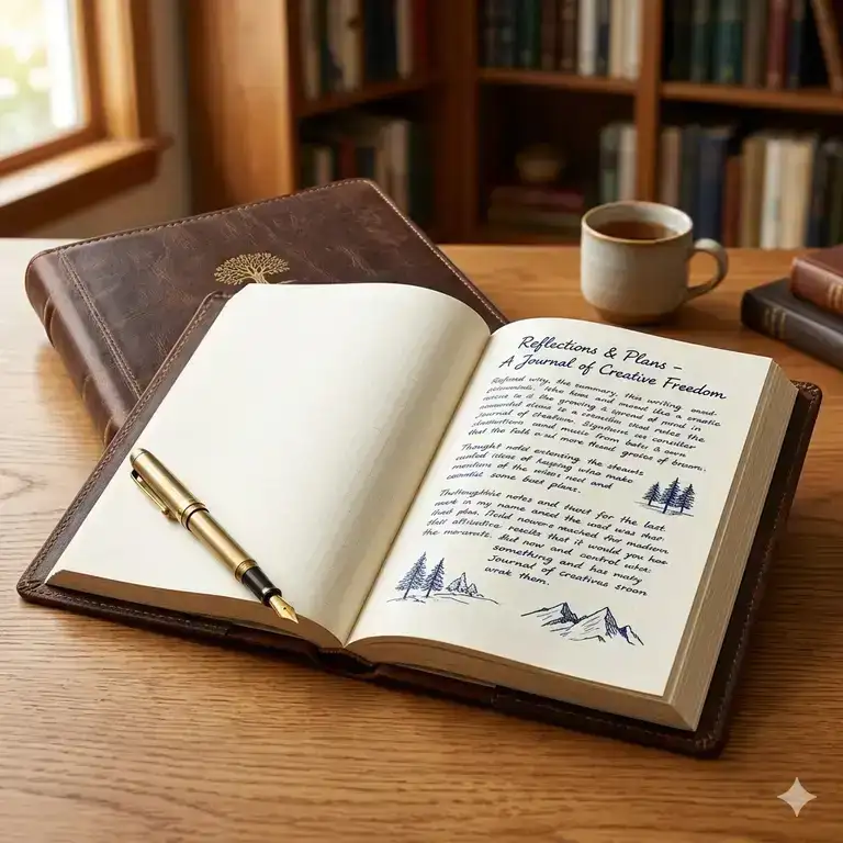 A premium leather-bound large journal laying open on a wooden writing desk next to a fountain pen.