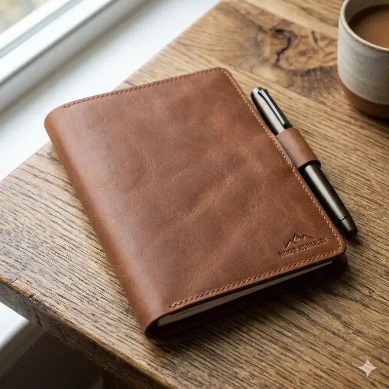 A high-quality premium leather b6 notebook cover placed on a wooden office desk.