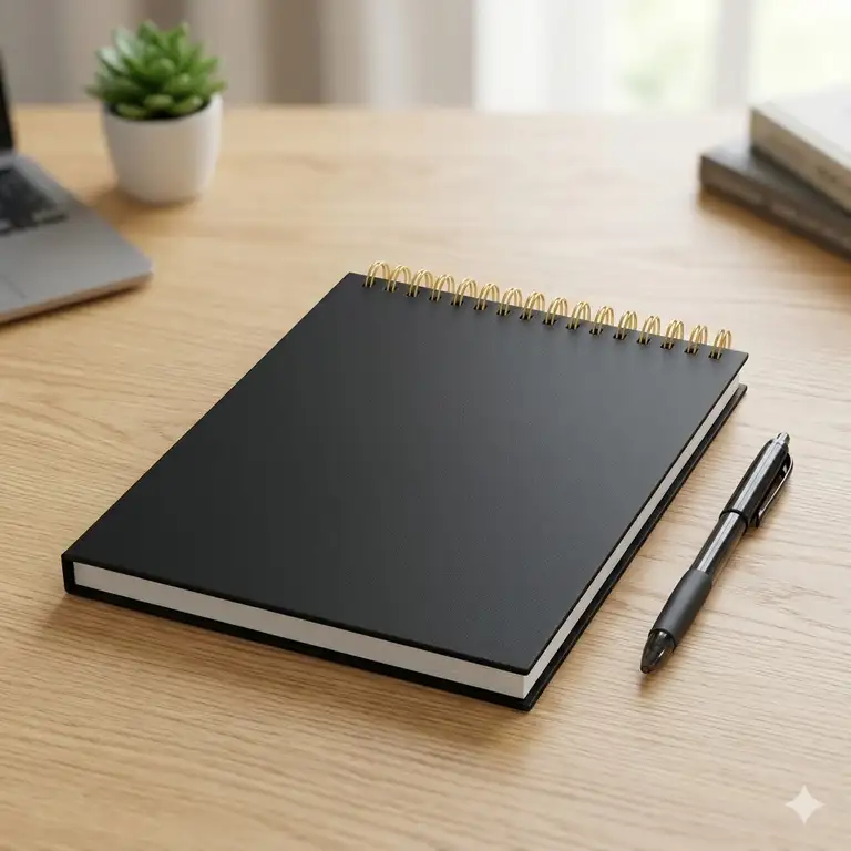 A professional top-bound spiral notebook with a black hardbound cover and lined pages, lying flat on a wooden desk.