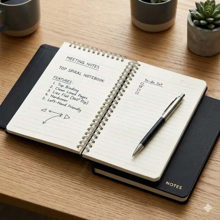 A professional hardcover top spiral notebook on a wooden desk with a pen.