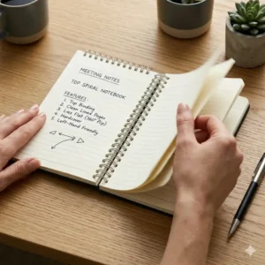 A hand flipping the pages of a top spiral notebook to show the 360-degree fold.