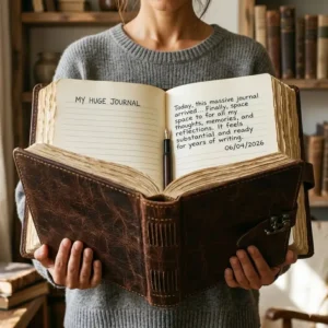 A person holding a huge journal to show its massive size compared to a standard notebook.