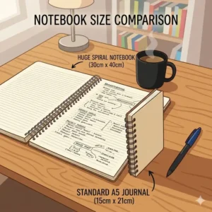 Comparison of a huge spiral notebook next to a standard A5 journal to demonstrate the large dimensions.