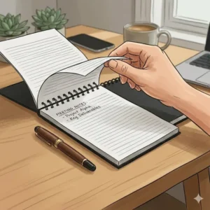 Illustration showing a hand flipping a page over the spiral of a top bound notebook.