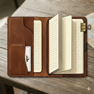 Interior view of a travelers notebook cover showing card slots, elastic bands, and paper inserts.