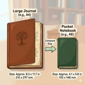 A scale comparison illustration showing a large journal next to a standard pocket notebook to highlight the extra writing space.