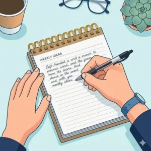 Illustration showing a left-handed person writing in a top-bound spiral notebook without the coil interfering with their wrist.