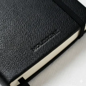 Close-up illustration showing the high-quality textured grain of a genuine moleskine leather cover.