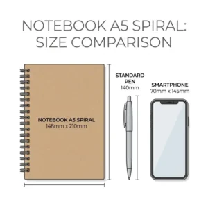 A notebook a5 spiral shown next to a pen and smartphone for size comparison.