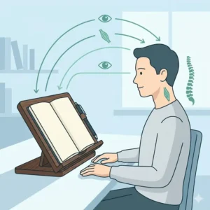 Illustration showing the optimal viewing angle provided by a notebook holder to reduce neck strain.