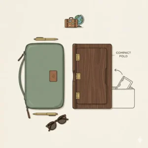 A flat-lay illustration of a foldable notebook holder being tucked into a slim travel bag.